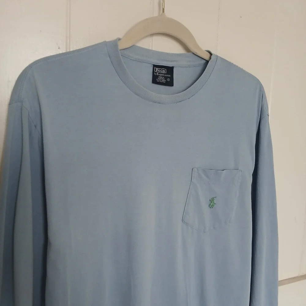 Vintage Polo Ralph‎ Lauren T-Shirt Long Sleeve Pocket Pony Logo Men's Small Blue